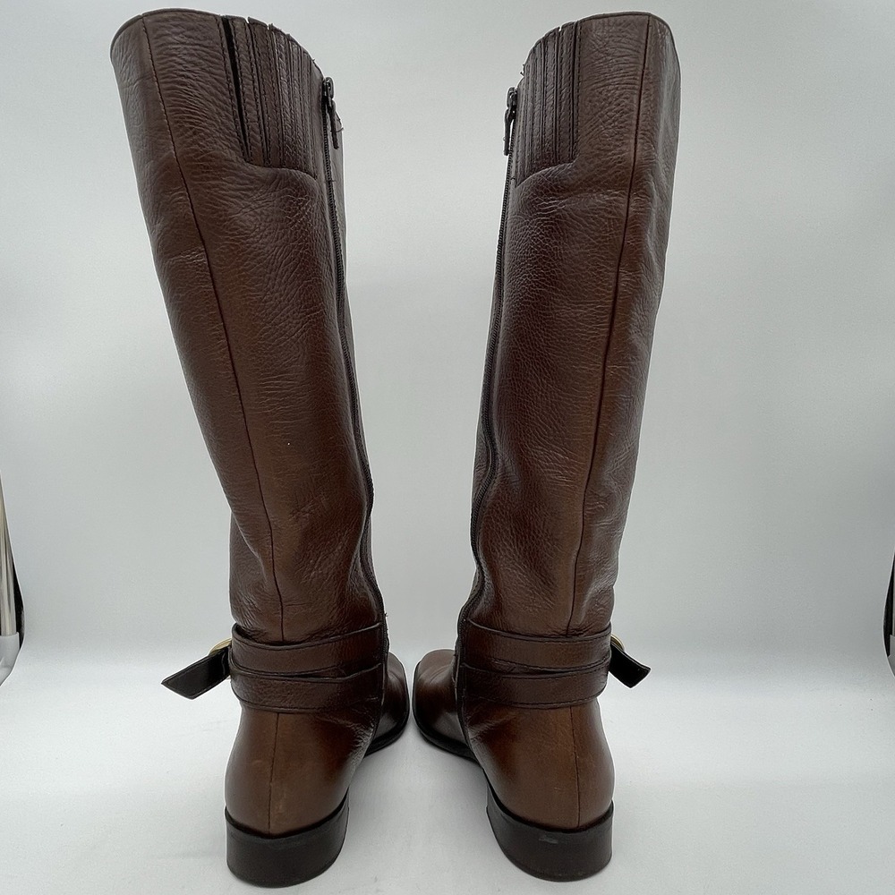 Talbots Womens 7AA Riding Boots Tall Brown Pebbled Leather Gold Buckle Full Zip - Picture 4 of 16